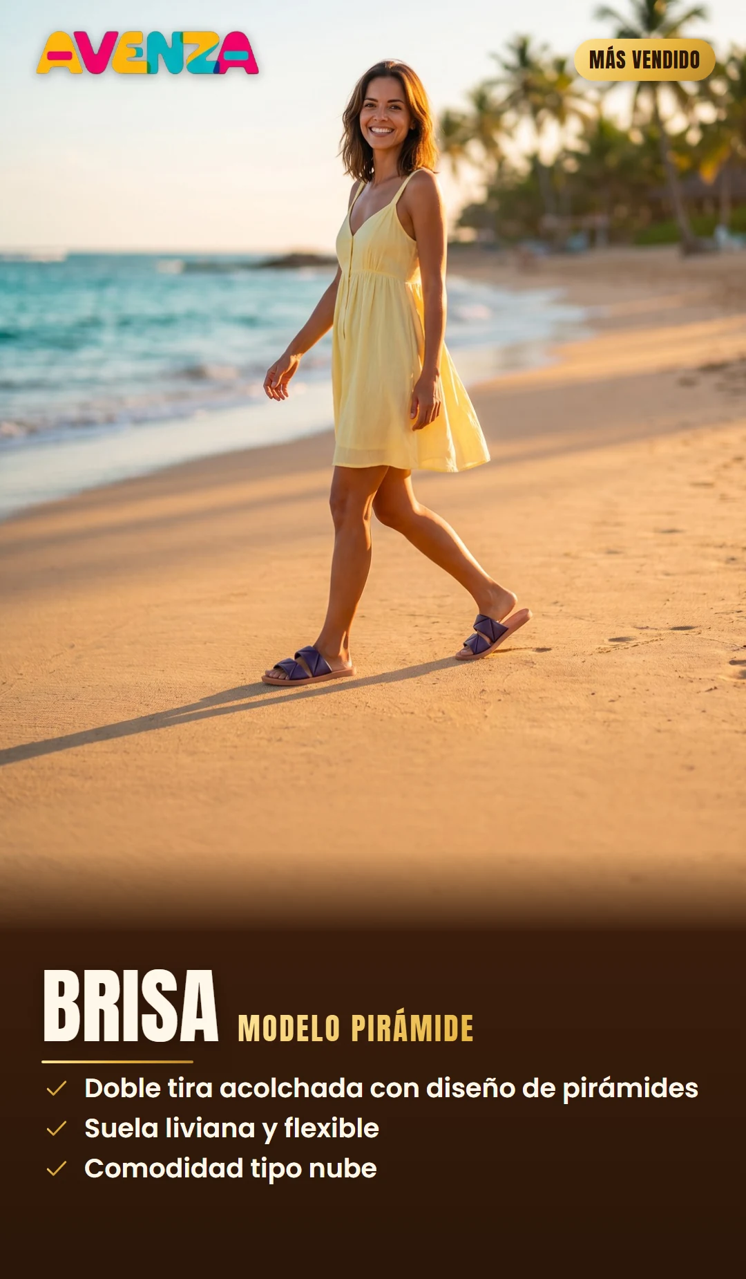 Mujer camina por la playa al atardecer con sandalias AVENZA Brisa