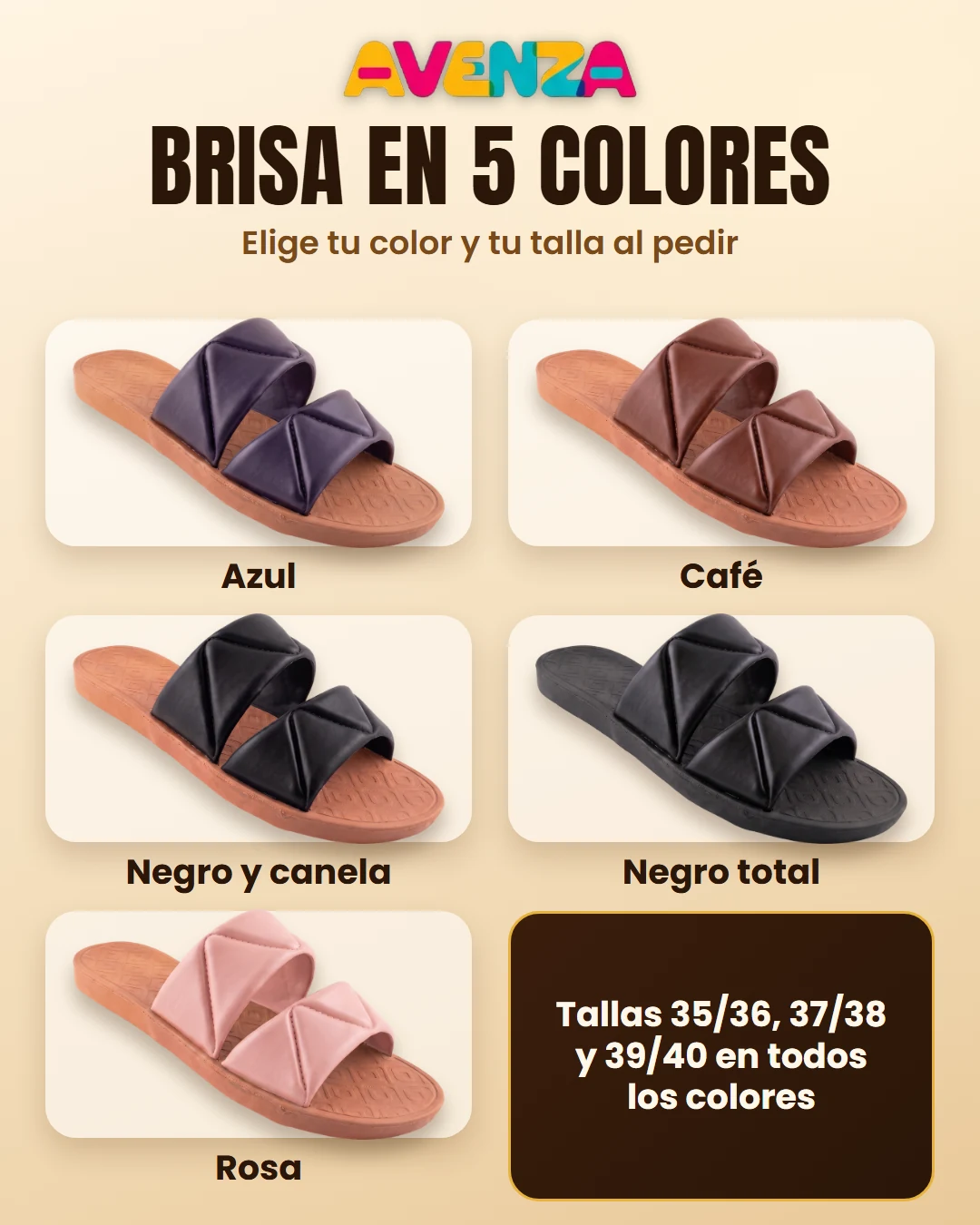 Sandalias AVENZA Brisa en cinco colores: azul, café, negro y canela, negro total y rosa
