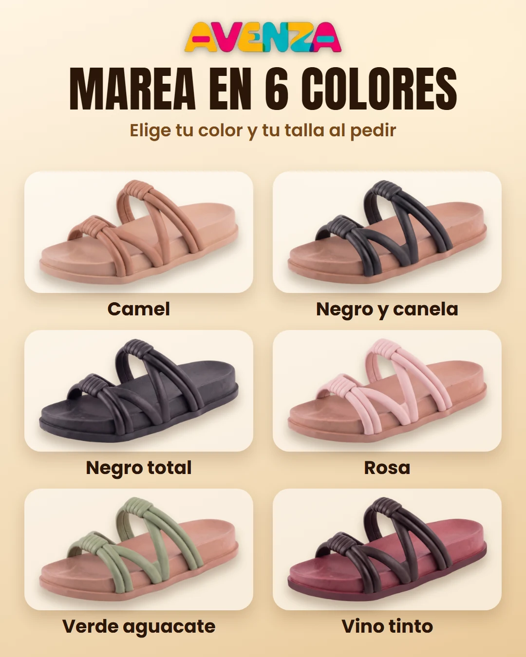 Sandalias AVENZA Marea en seis colores: camel, negro y canela, negro total, rosa, verde aguacate y vino tinto