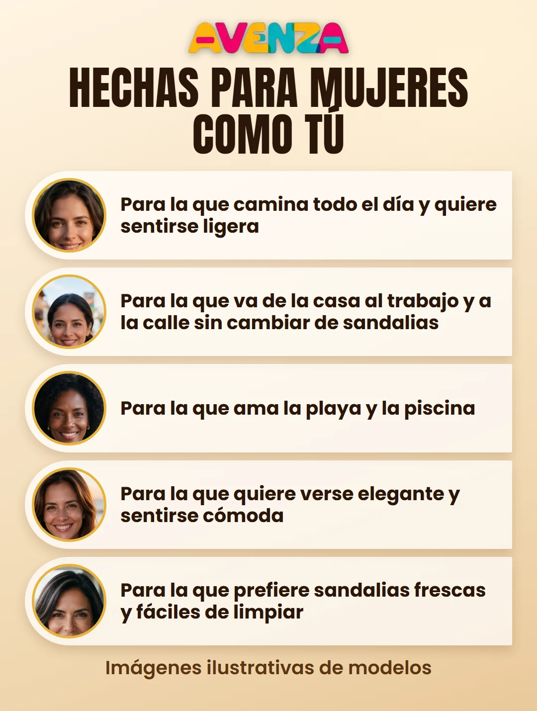 Cinco mujeres de distintas edades representan a quienes usan sandalias AVENZA