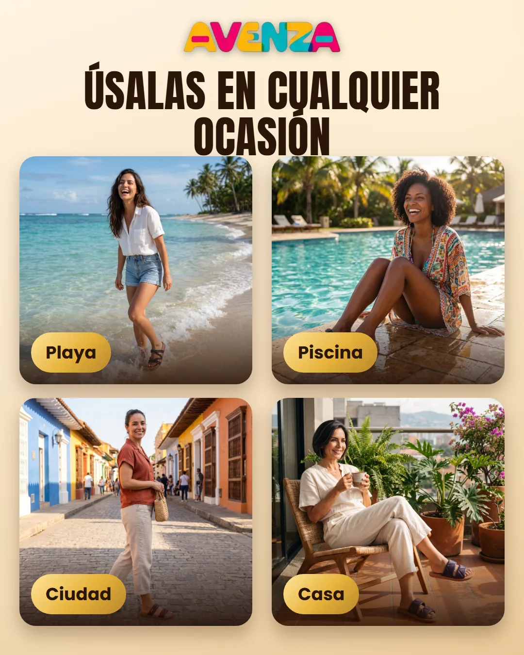 Mujeres con sandalias AVENZA en la playa, la piscina, la ciudad y la casa