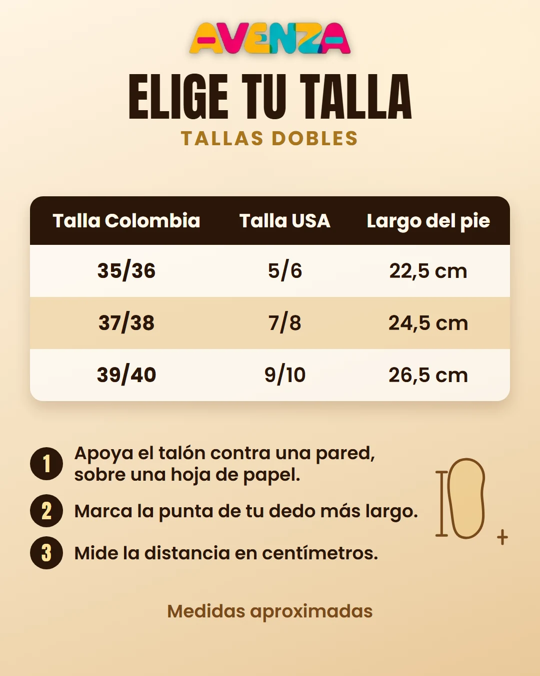 Guía de tallas AVENZA: 35/36, 37/38 y 39/40 con su largo del pie en centímetros