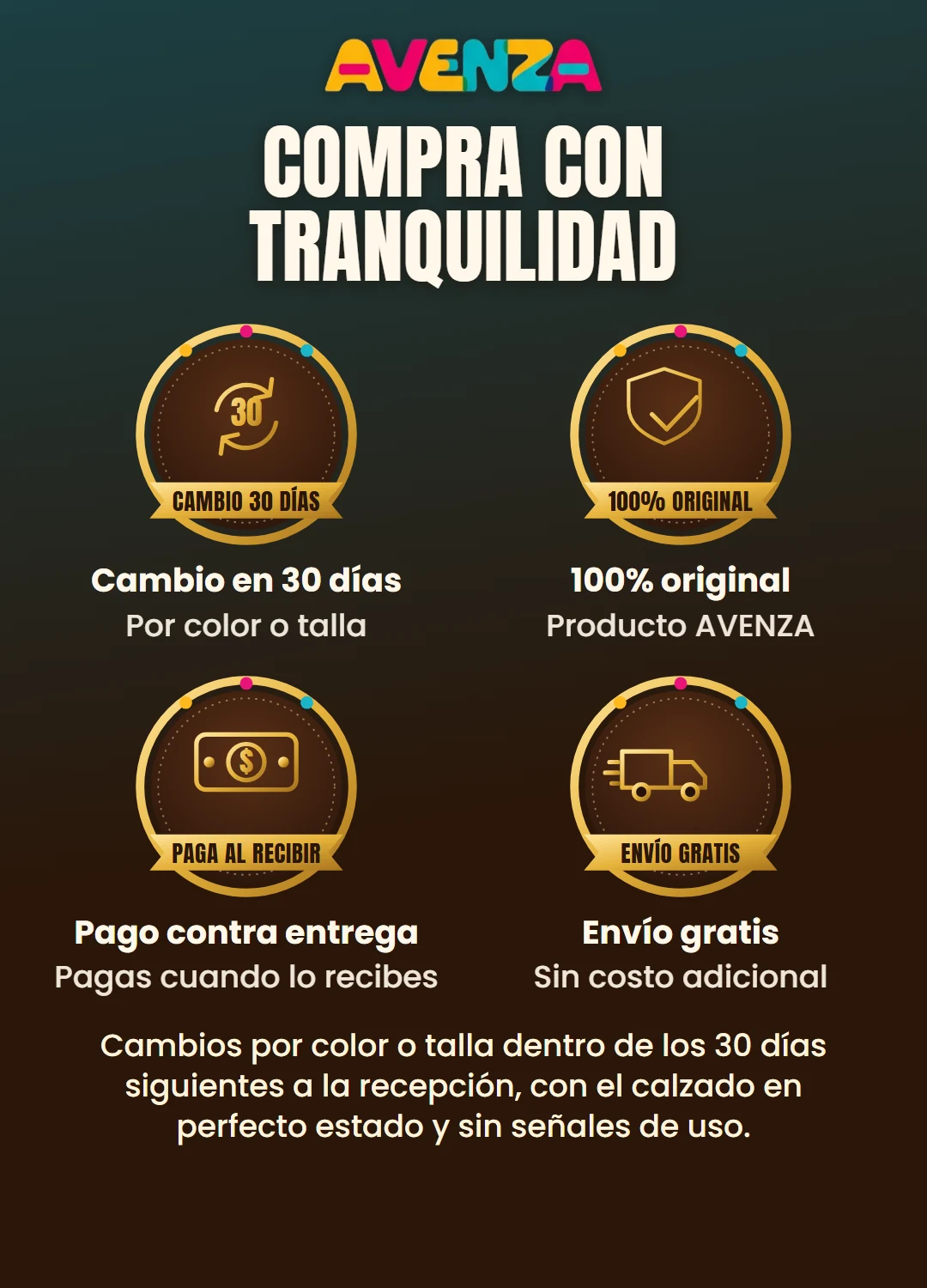 Garantías AVENZA: cambio en 30 días, producto original, pago contra entrega y envío gratis