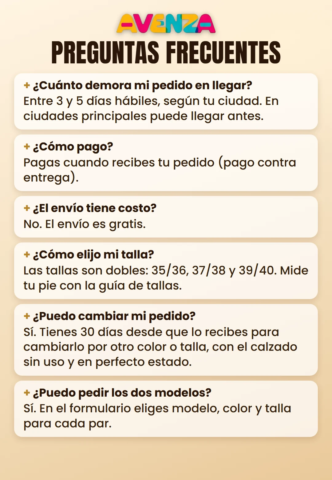 Preguntas frecuentes sobre entrega, pago, tallas y cambios
