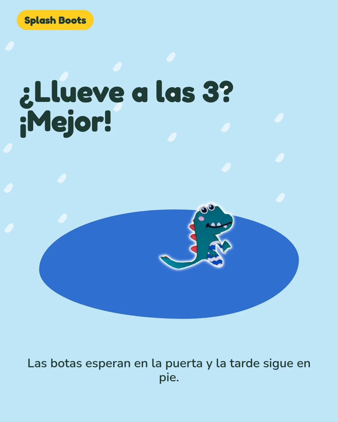 Ilustración de lluvia, charco y sticker del aplique real Dino.
