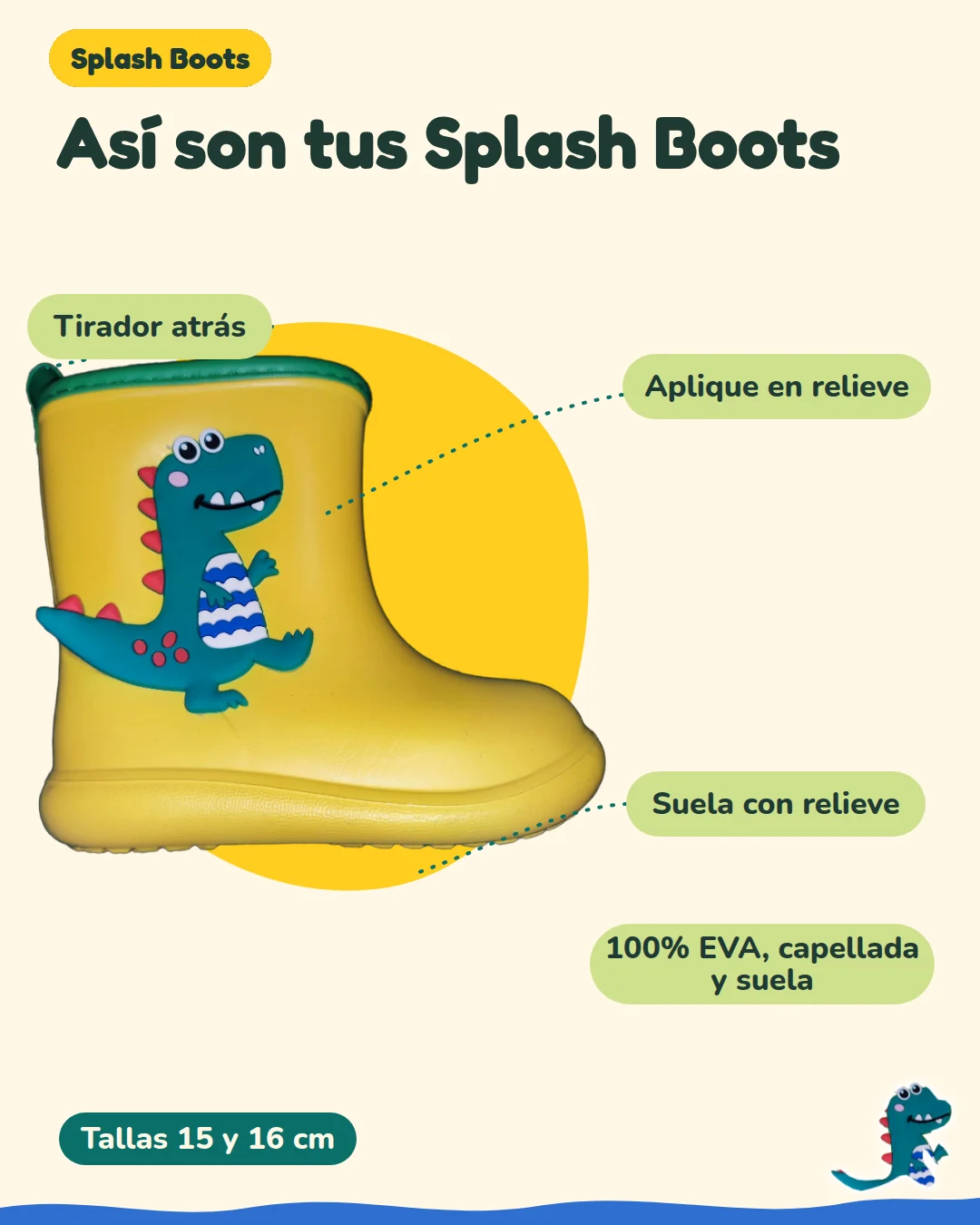 Bota amarilla real Splash Boots con Dino en relieve y suela con relieve.
