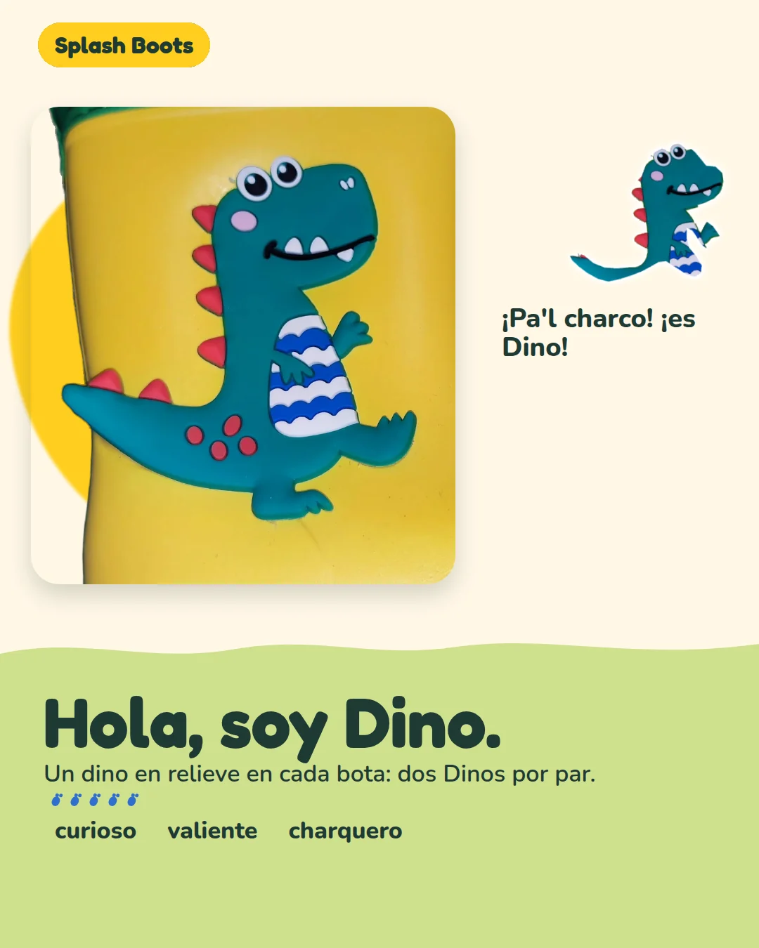 Macro fotográfica del aplique real Dino en una bota Splash Boots.