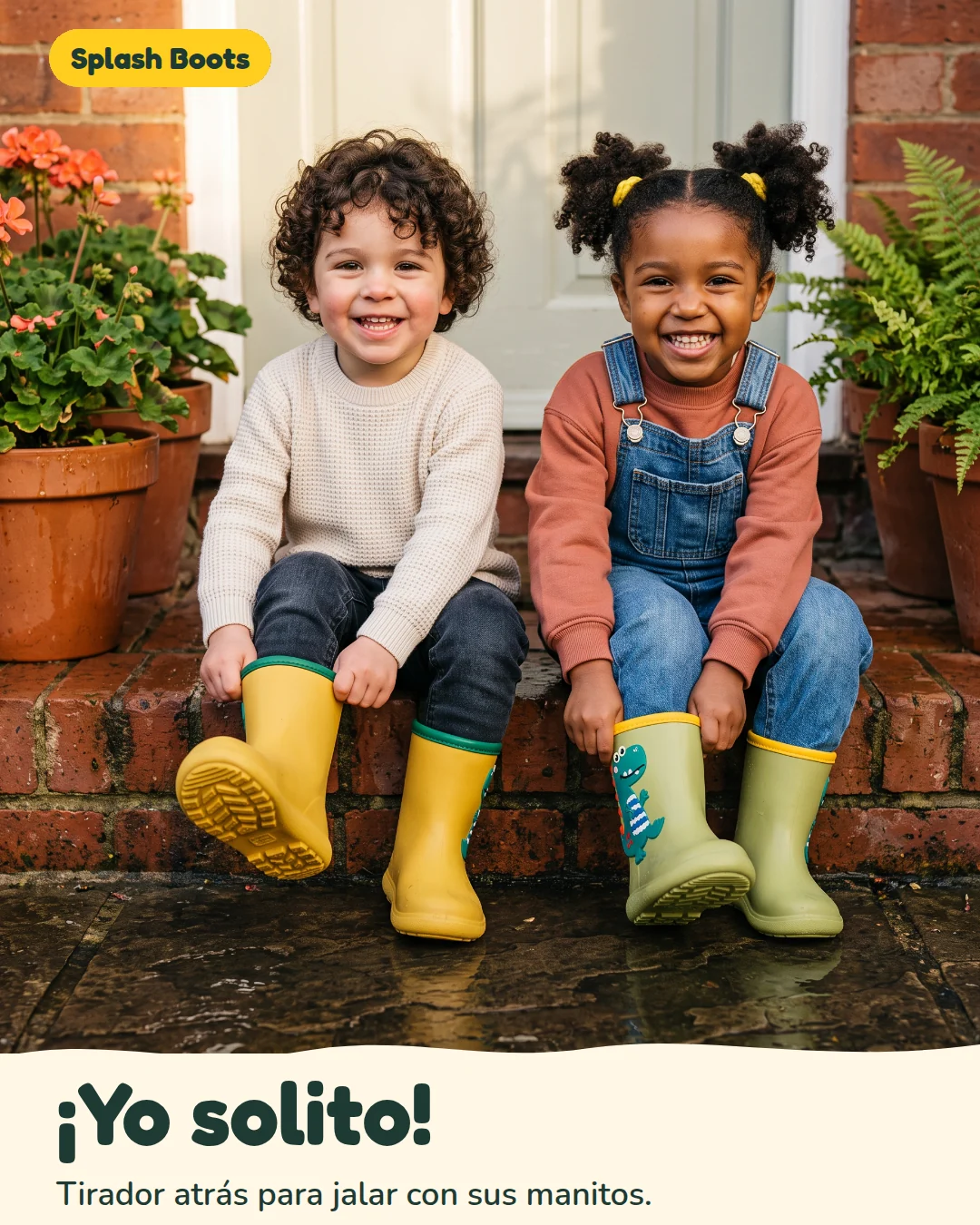 Dos niños sentados con botas Splash Boots; un aplique visible en cada bota, amarillo con borde verde y verde claro con borde amarillo.
