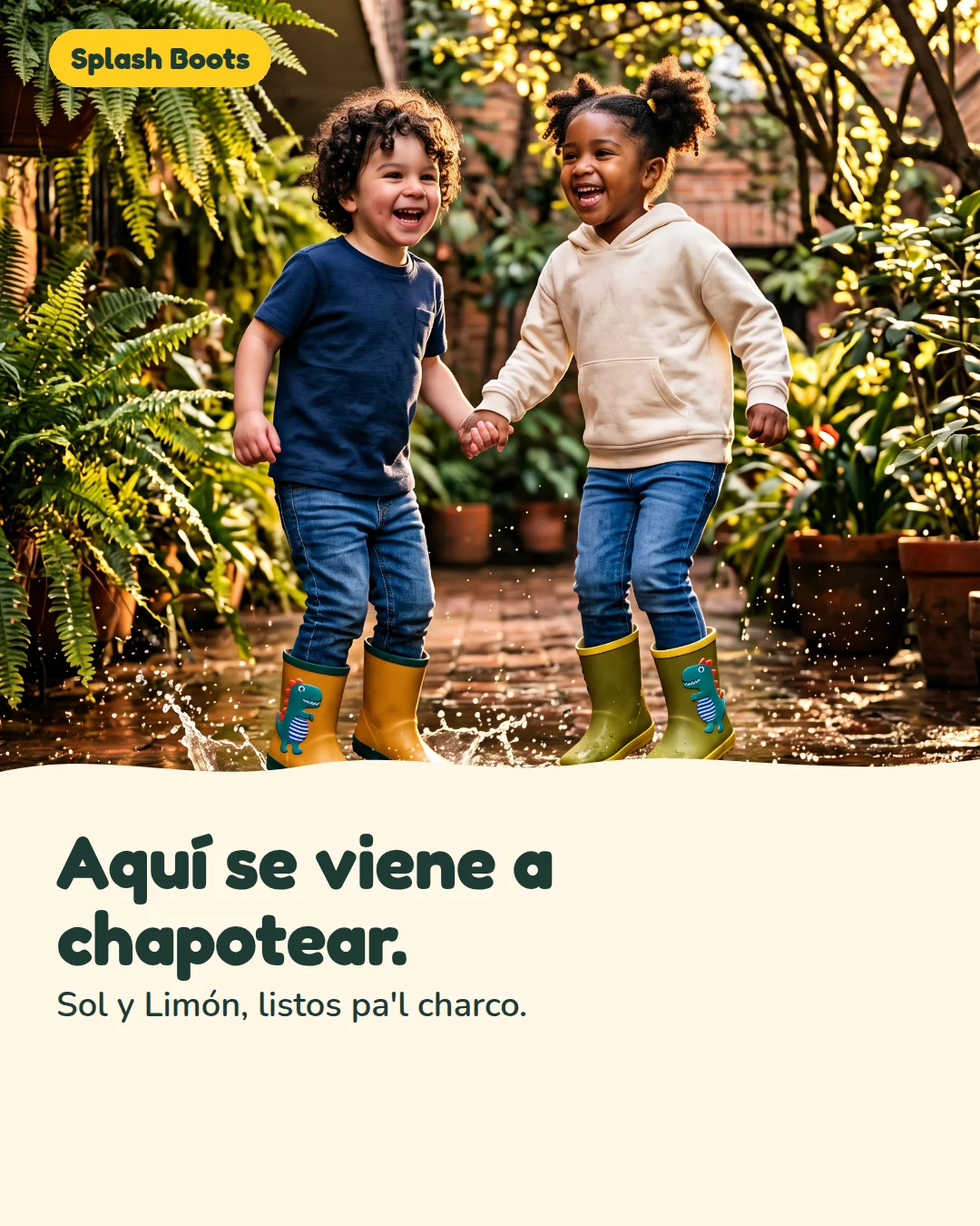 Dos niños juegan en un charco con sus botas Splash Boots.