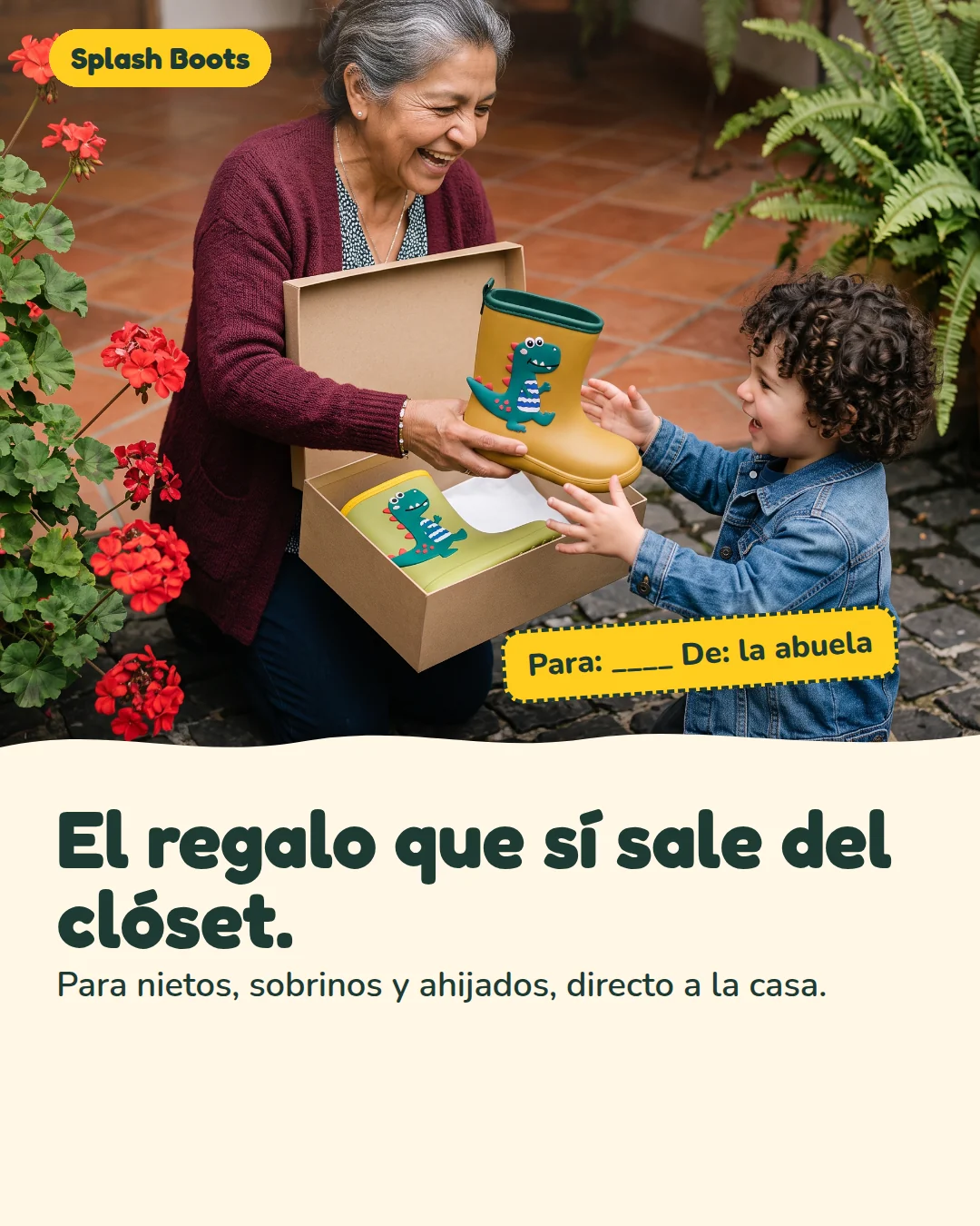 Abuela entrega una caja de botas Splash Boots a un niño.