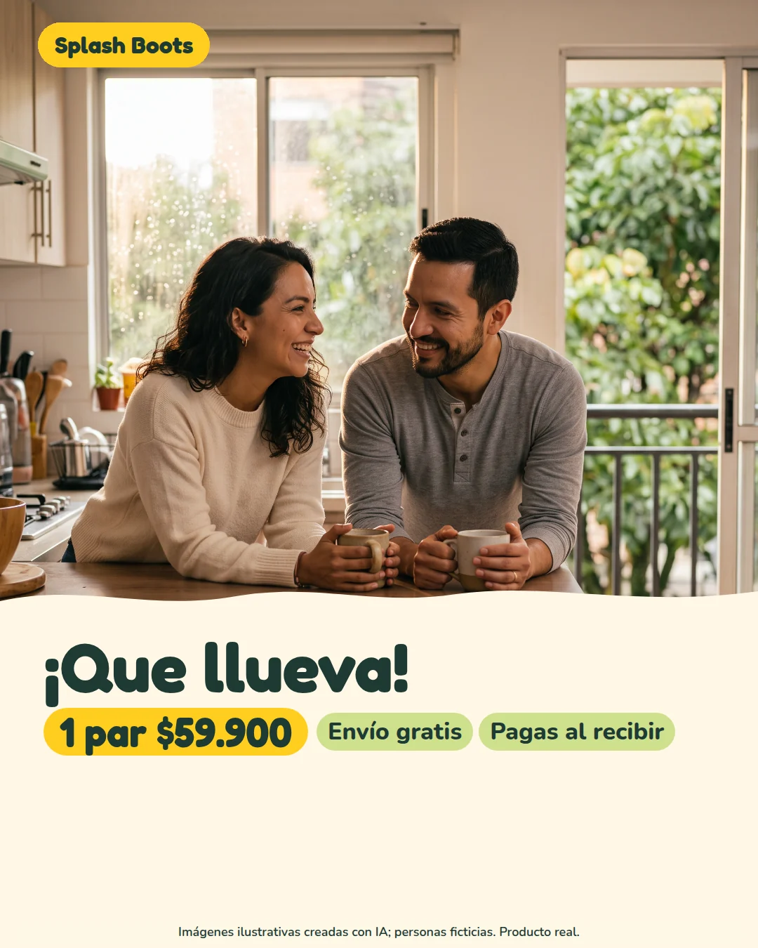 Familia ficticia en casa con botas Splash Boots; imagen ilustrativa creada con IA.